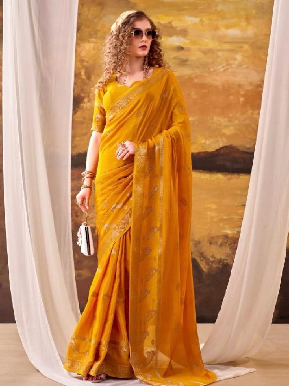 Mustard Yellow Pure Crape Saree with Subtle Gold  weave Motif